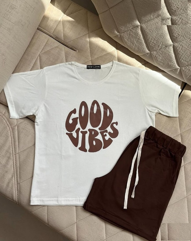 ست تی شرت و شلوارک راحتی زنانه نخی طرح Good Vibes برند NEW LOOK