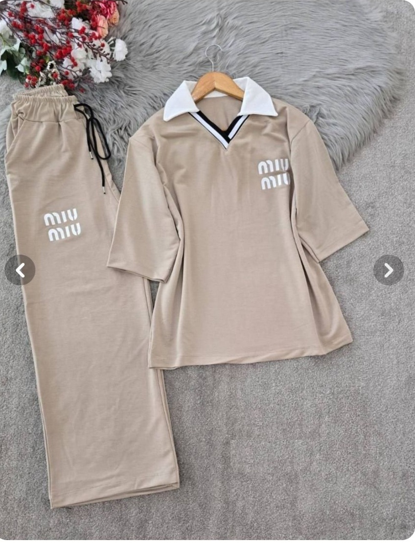 ست تی شرت و شلوار جاگر زنانه میو میو(MIUMIU) جنس گلکسی نسکافه ای