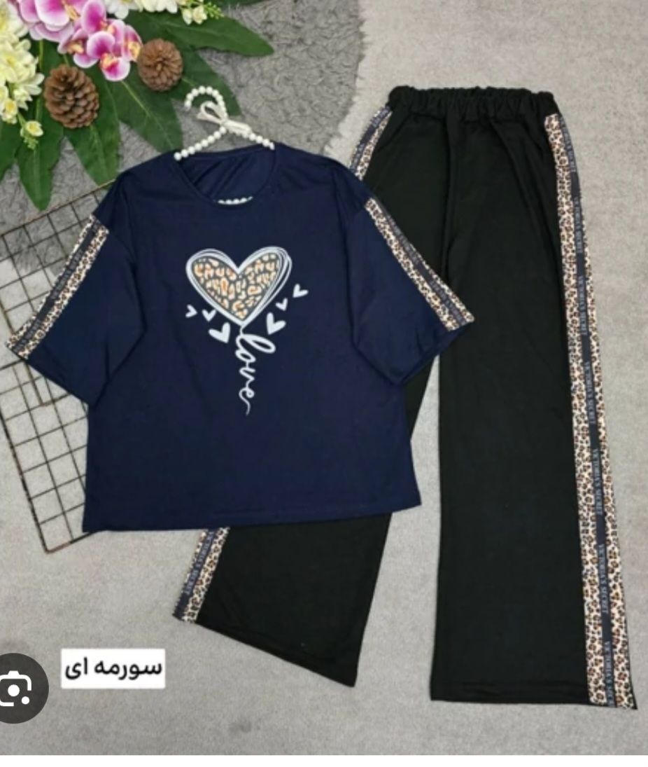 تی شرت و شلوار بگ اسپرت طرح قلب پلنگی فری سایز سرمه ای