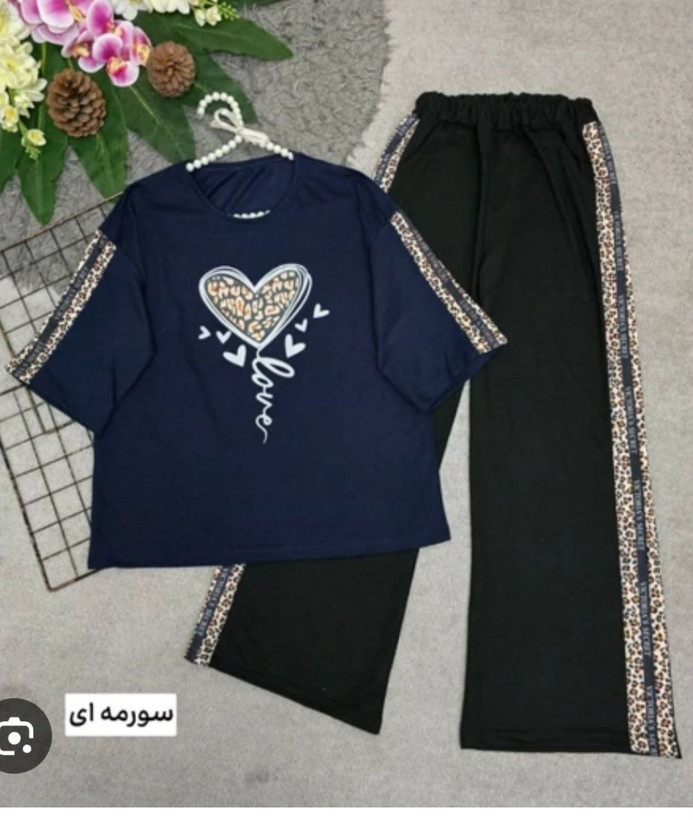 تی شرت و شلوار بگ اسپرت طرح قلب پلنگی فری سایز سرمه ای